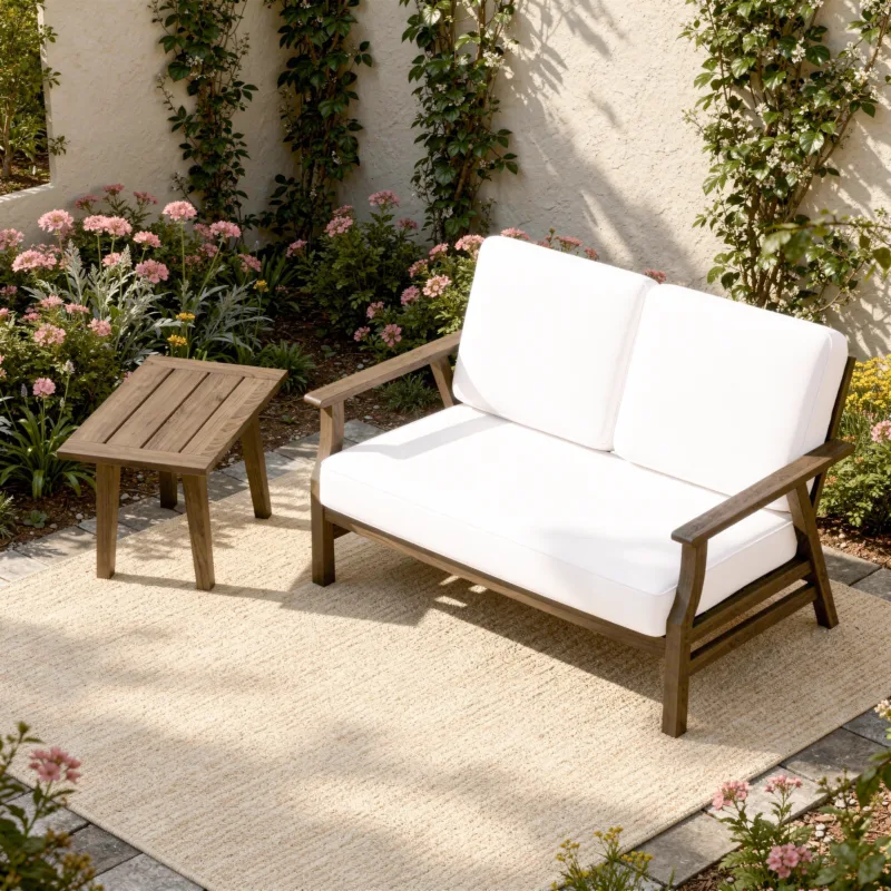Vaila 2-Piece Teak Outdoor Patio Loveseat with Grooved Table - Image 2