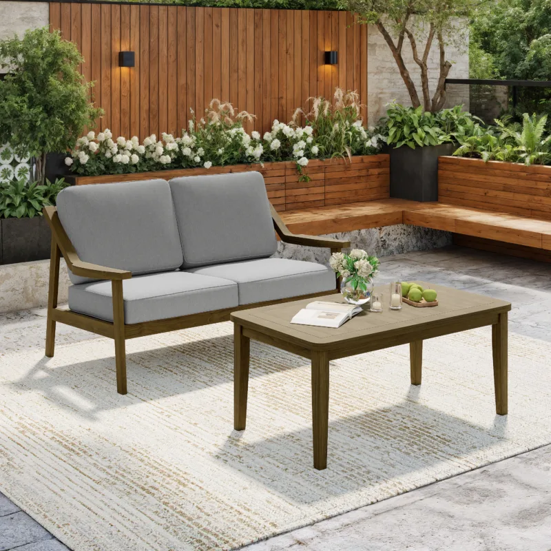 Felian Angled Arms Teak Outdoor Patio Loveseat with Coffee Table - Image 2