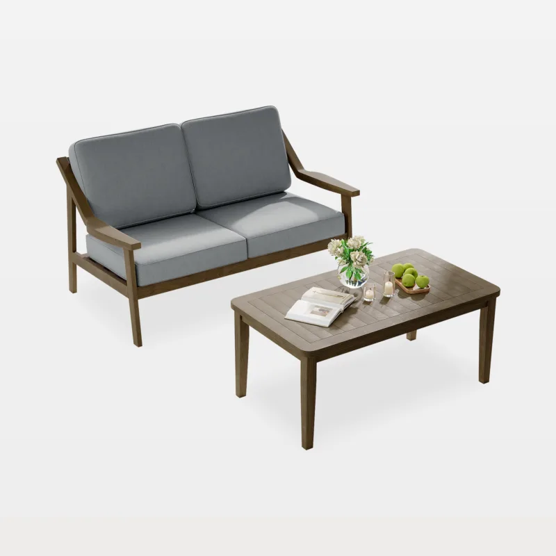 Felian Angled Arms Teak Outdoor Patio Loveseat with Coffee Table