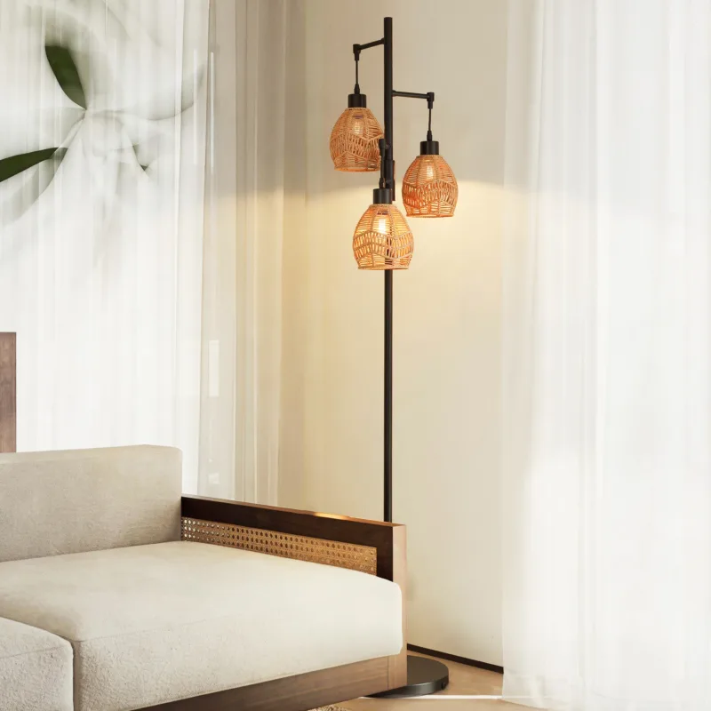 Kesia 3-Light Bell Dimmable Boho Rattan Tree Branch Floor Lamp - Image 2