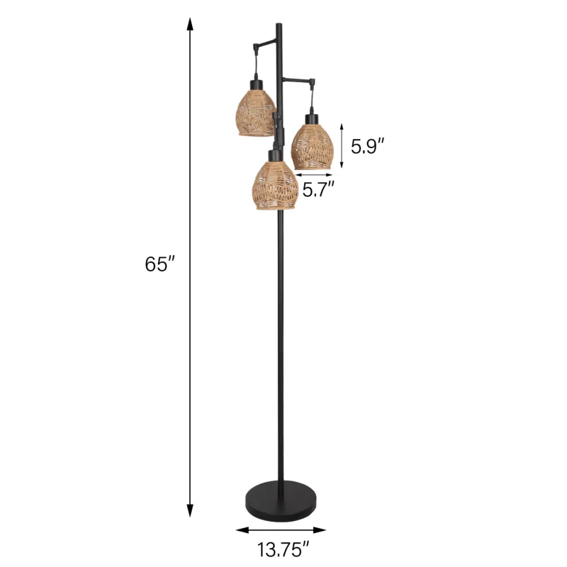 Kesia 3-Light Bell Dimmable Boho Rattan Tree Branch Floor Lamp - Image 3