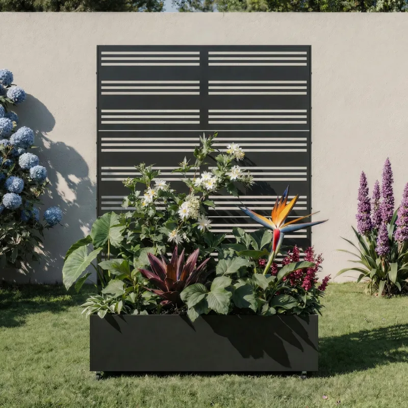 Blaire Metal Planter Box with Linear Trellis and Wheels - Image 2