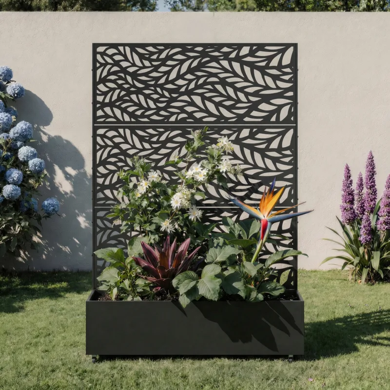 Ailsa Metal Planter Box with Botanical Leaves Trellis and Wheels - Image 2