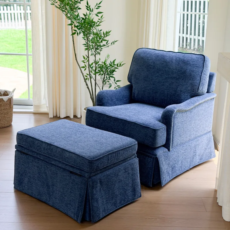 Suzie Skirted Chenille Swivel Armchair with Storage Ottoman - Image 2