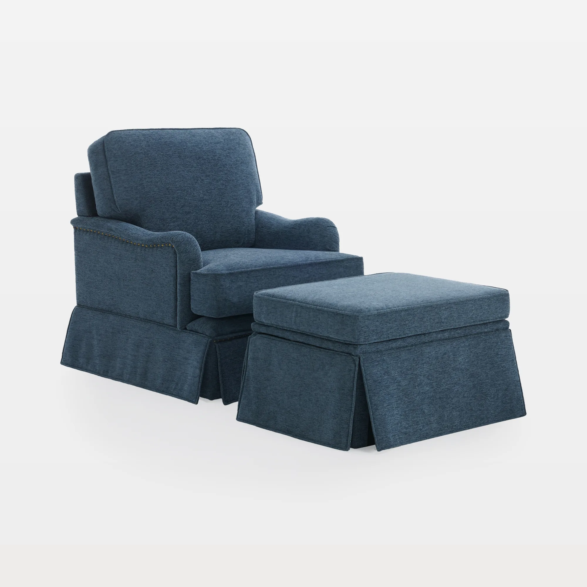 CH0073S-C-NAVY-AC+OT-MAIN Suzie Skirted Chenille Swivel Armchair with Storage Ottoman - Image 1