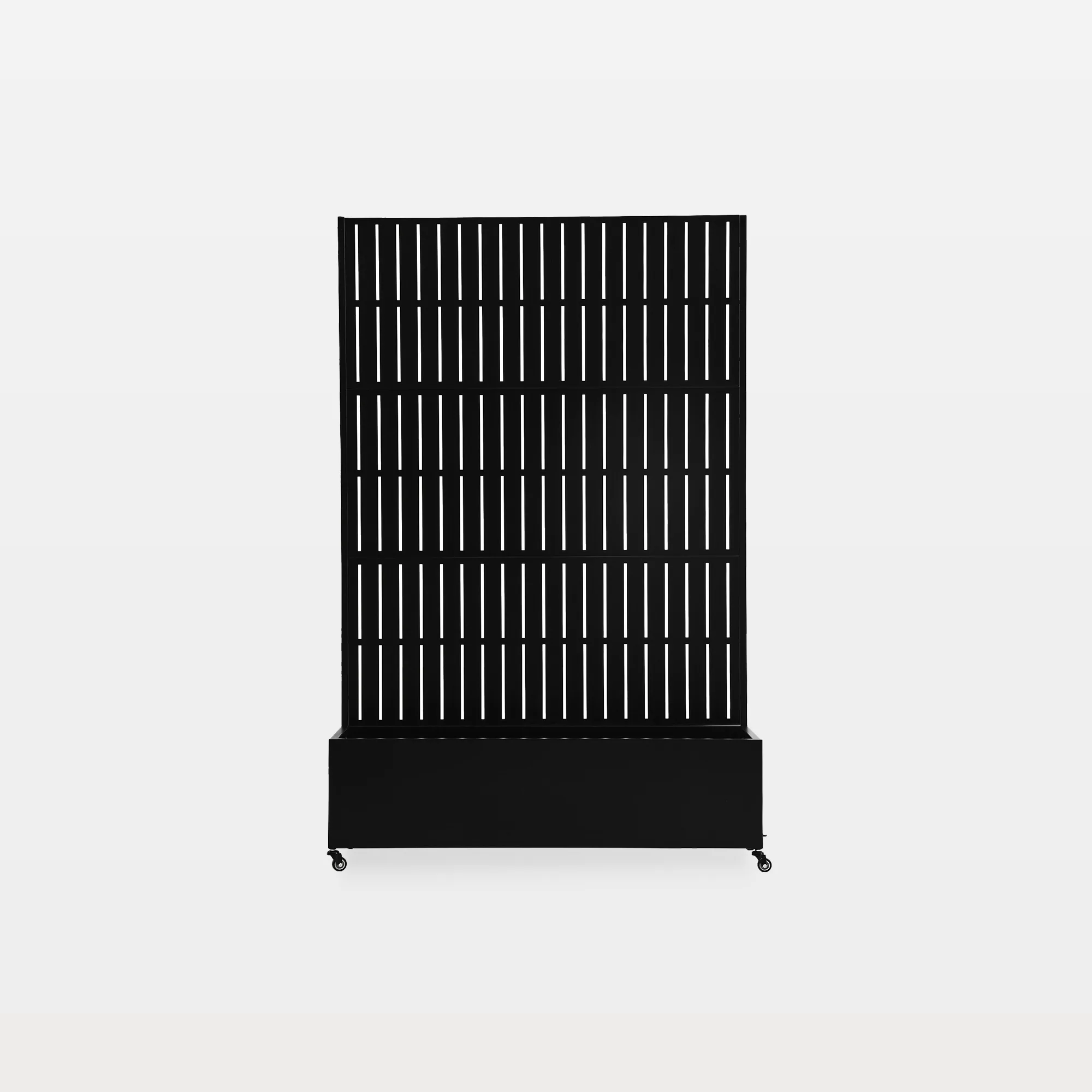 OB0009-BLACK-L-MAIN Clarkie Metal Planter Box with Vertical Slat Trellis and Wheels - Image 1