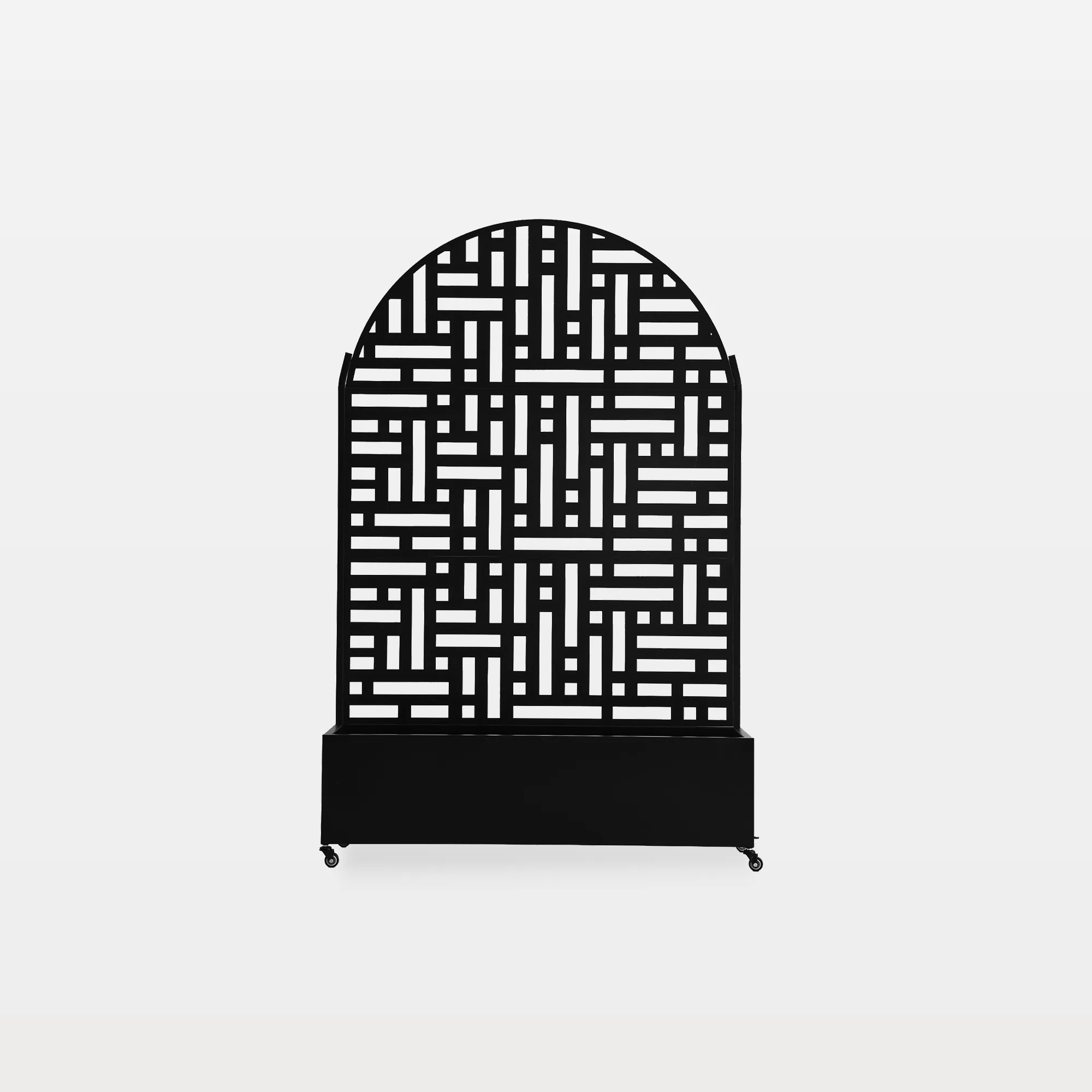 OB0014-BLACK-L-MAIN Larkin Metal Planter Box with Arch Lattice Trellis and Wheels - Image 1