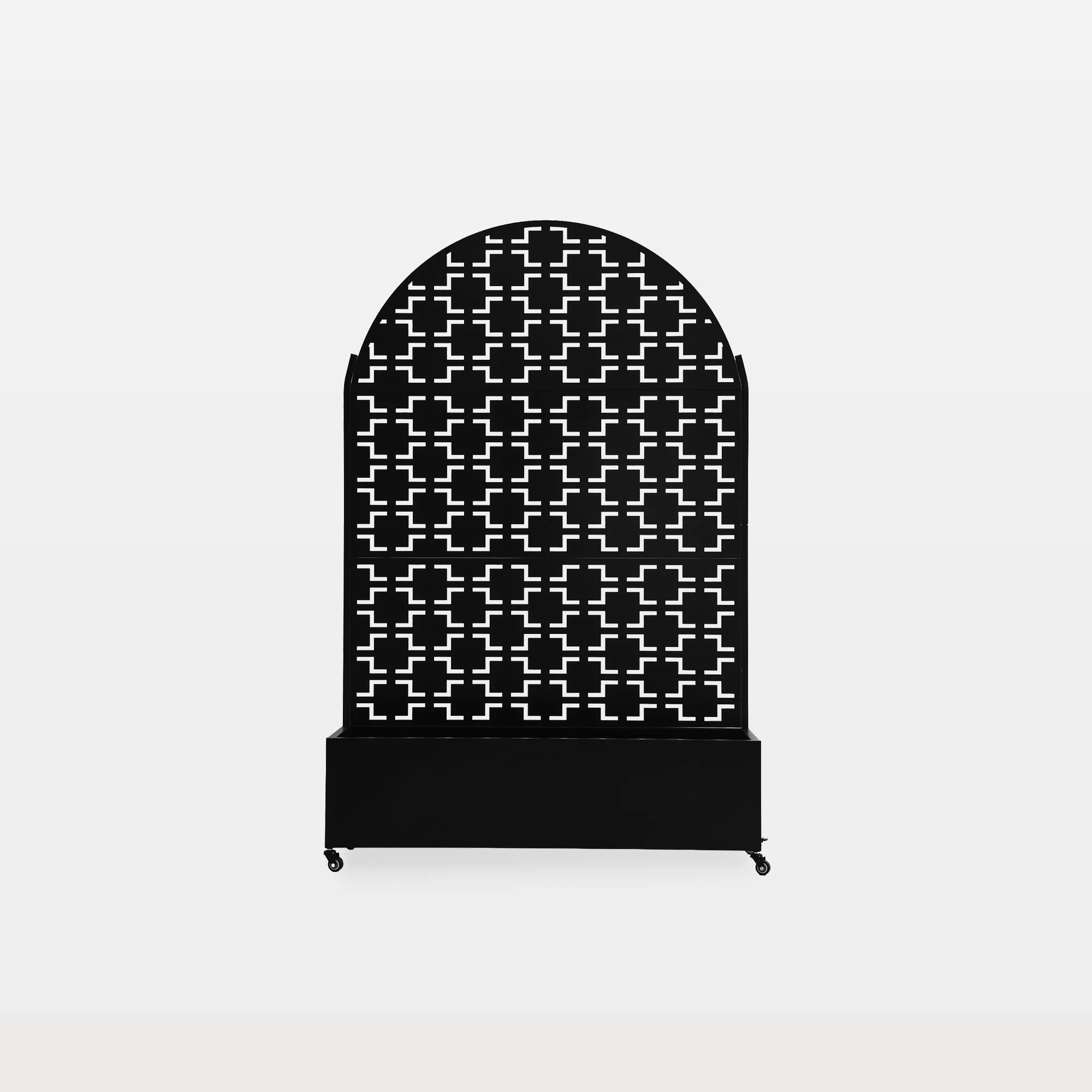 OB0015-BLACK-L-MAIN Davis Metal Planter Box with Arch Fretwork Trellis and Wheels - Image 1