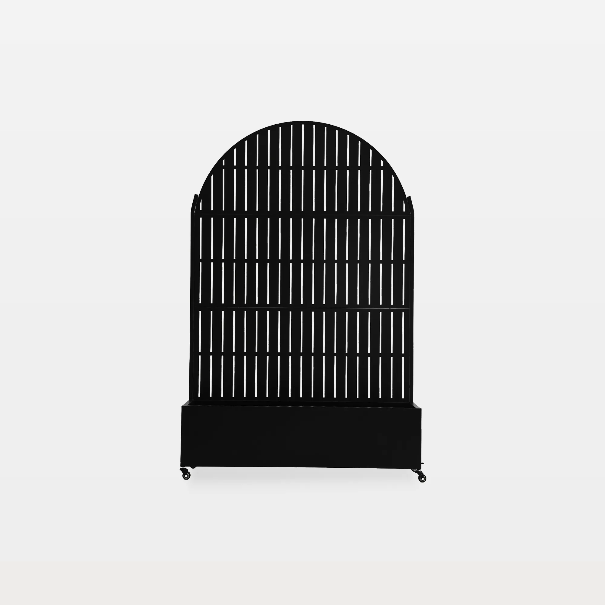 OB0017-BLACK-L-MAIN Hayes Metal Planter Box with Arch Slatted Trellis and Wheels - Image 1