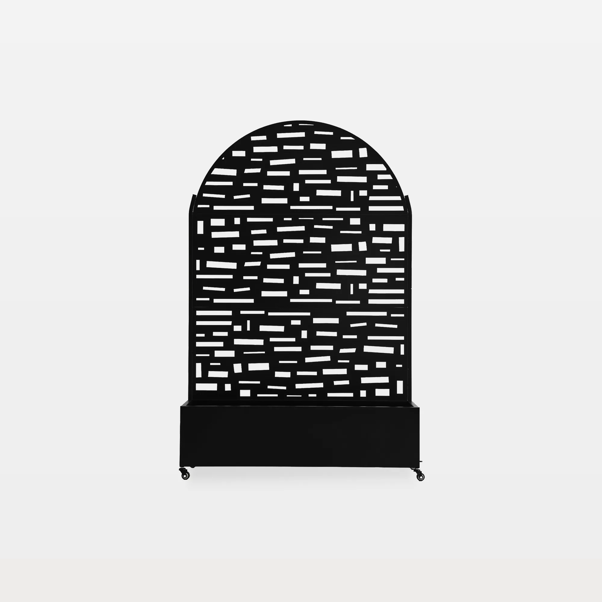 OB0018-BLACK-L-MAIN Blaike Metal Planter Box with Arch Staggered Brick Trellis and Wheels - Image 1