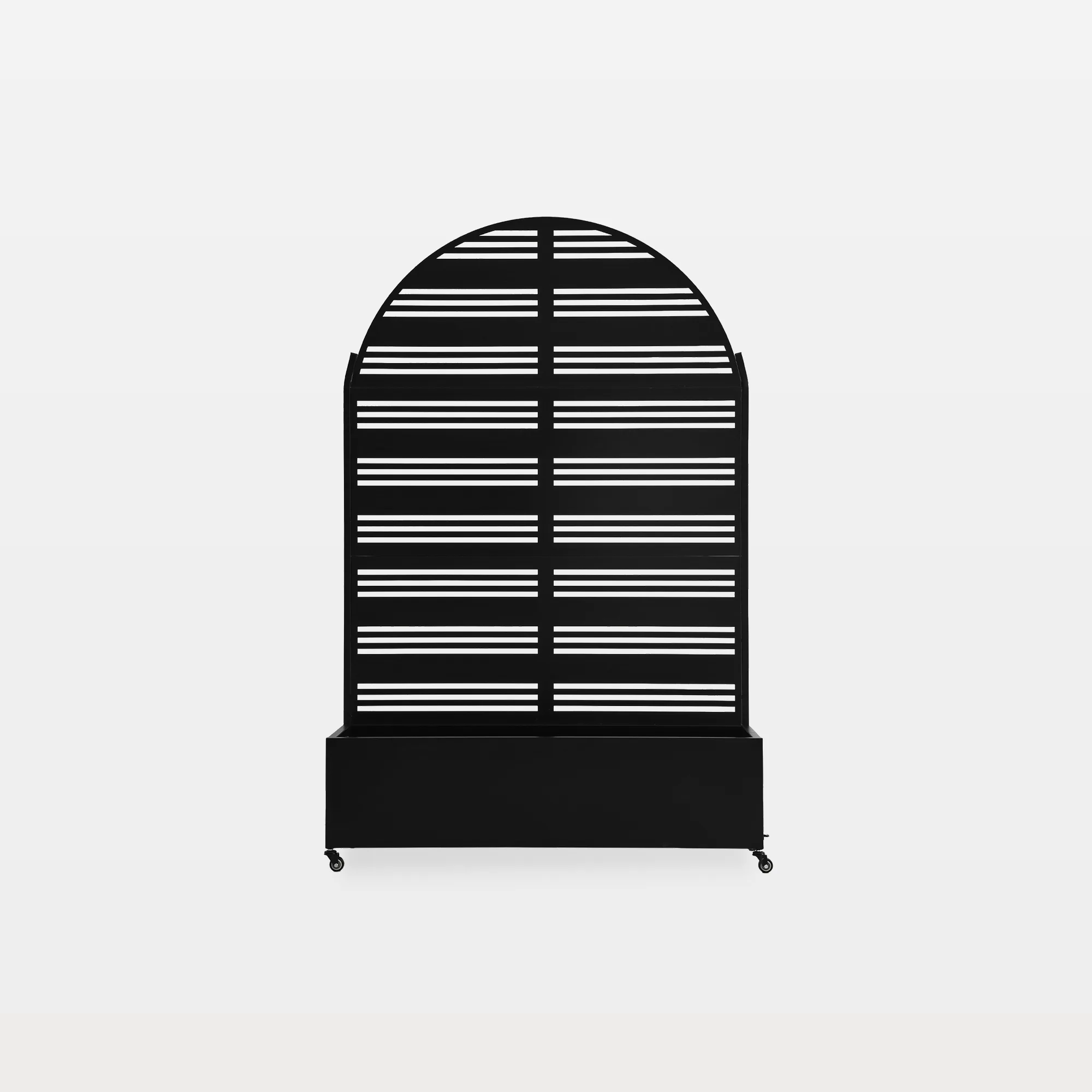 OB0019-BLACK-L-MAIN Wyatt Metal Planter Box with Arch Linear Trellis and Wheels - Image 1