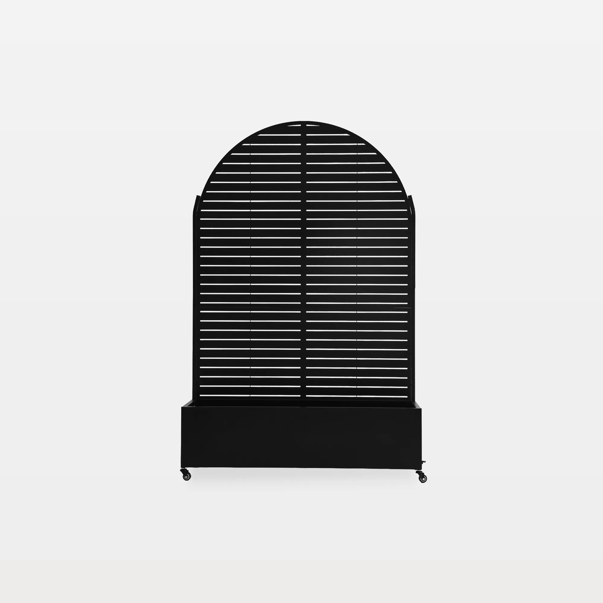 OB0020-BLACK-L-MAIN Wells Metal Planter Box with Arch Horizontal Lines Trellis and Wheels - Image 1