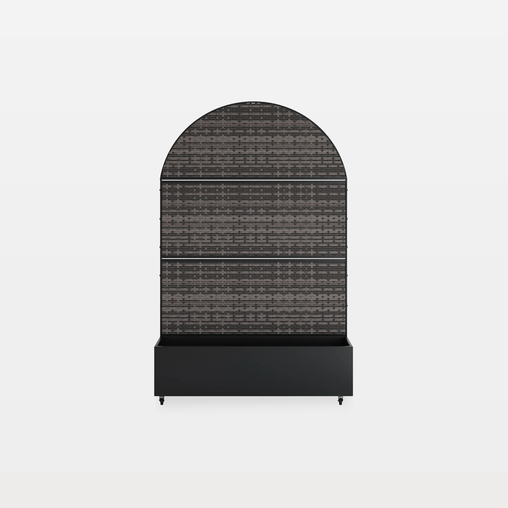 OB0021-BLACK-L-MAIN Saylor Polymer Metal Planter Box with Arch Woven Trellis and Wheels - Image 1