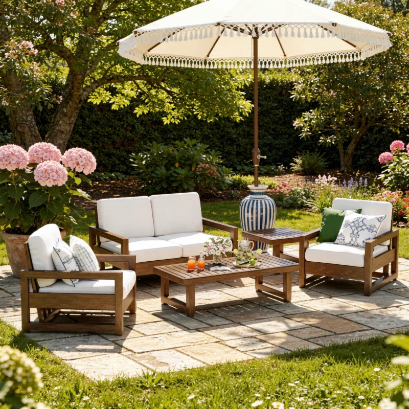 Frazer 5-Piece Slat Back Teak Outdoor Patio Set with Tables - Image 2