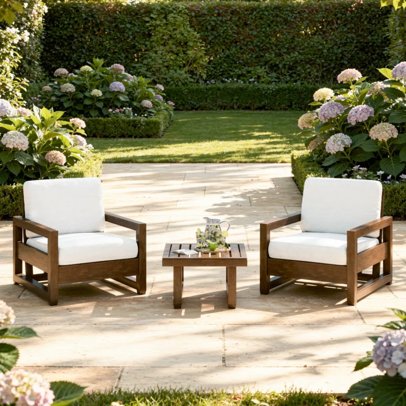 Frazer 3-Piece Slat Back Teak Outdoor Armchairs & Table Set - Image 2