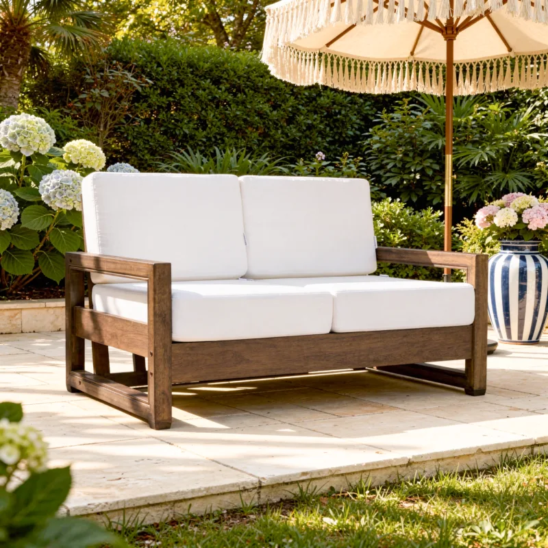 Frazer Slat Back Teak Outdoor Patio Loveseat with Cushions - Image 2