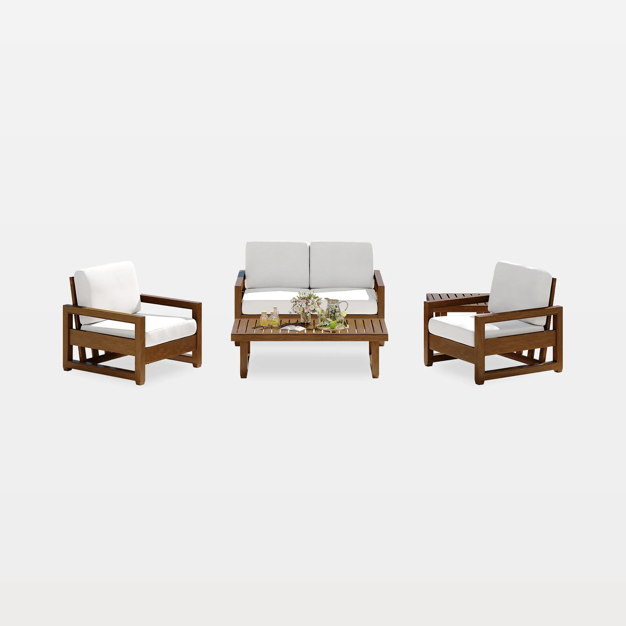 od0013-loveseats-2chairs+side-table+coffee-table-main Frazer 5-Piece Slat Back Teak Outdoor Patio Set with Tables - Image 1