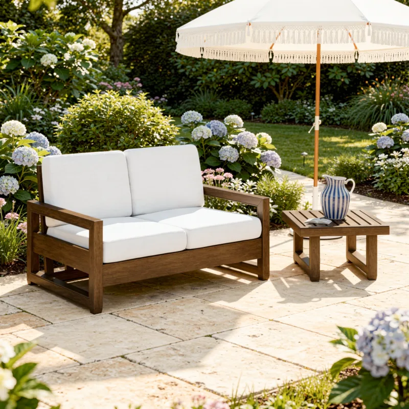 Frazer 2-Piece Slat Back Teak Outdoor Loveseat Set with Table - Image 2